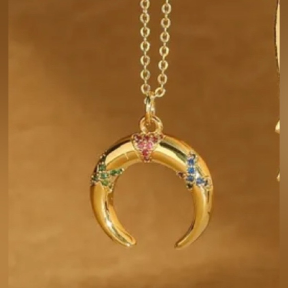 18K Gold Crescent Moonset Ruby Emerald Sapphire Inlay Pendant Necklace Bohemian